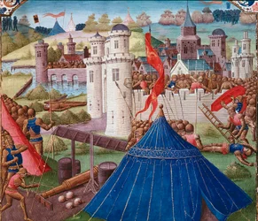 Stridsscen en Carthage-miniatyr från "" Roman History"" (Ad urbe condita) av Tite Live (59 f.Kr.-17 AD) (Titus Livius), översatt av Pierre Bessuire 1450-1500 Chantilly, Musee Conde