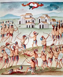 Stridsscen, bakhåll i Acolman, Mexiko (Watercolou, ca. 1770-1780)