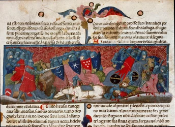 Stridsscen, pansarkrigare som stöter mot varandra Detalj av en manuskriptsida "The Facts of the Romans"" (Ms. 1538) cirka 1340 Florens, Biblioteca Riccardiana