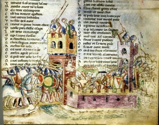 Stridsscen i en befäst borg. Miniatyr ur ”Roman de Troie” av Benoît de Sainte-Maure.