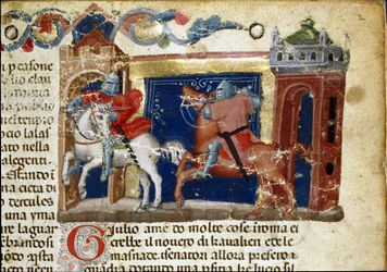 Stridsscen, två riddare i rustning som konfronterar varandra Detalj av en manuskriptsida “The Facts of the Romans”” (Ms. 1538) cirka 1340 Florens, Biblioteca Riccardiana