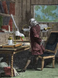 Benjamin Franklin (1706-1790), filosof, fysiker och amerikansk ambassadör i sitt laboratorium i Philadelphia.