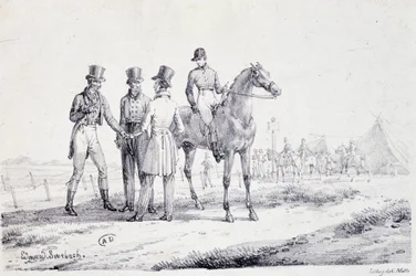 Satsa på kanten av kapplöpningsfältet med en jockey till häst - litografi, deb. 1800-talet