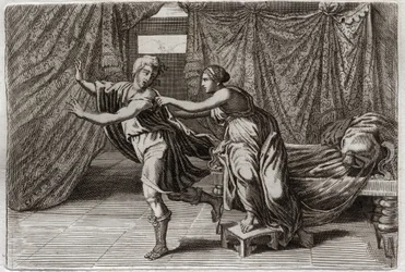 Bibeln från Royaumont, Gamla testamentet: Josephs kyskhet. Josef efterfrågades av Putifars hustru (Potifar) och sattes i fängelse. Illustration från 1811.