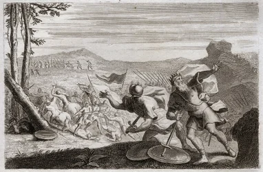 Royaumont-bibeln, Gamla testamentet: Sauls nederlag. Sauls armé besegrades av filistéerna. Hans tre barn dödades där och, svårt sårad i striden, dödade han sig själv. Illustration från 1811.