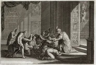 Bibeln från Royaumont, Gamla testamentet: Josef blir igenkänd av sina bröder. Illustration från 1811.