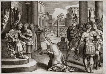 Bibeln från Royaumont, Gamla testamentet: Amans straff. Assuerus I (Xerxes I) hänger Aman (Haman) från galgen som han hade förberett för Mardochee (eller Mordekhai eller Mordokai), och drar tillbaka Dödsredigeringen som han hade publicerat i hela sitt rike