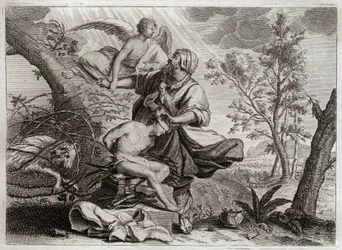 Bibeln från Royaumont, Gamla testamentet: Abrahams offer. En ängel håller Abrahams hand innan hans son Isaks offer. Till vänster kommer den belier Abraham att döda istället. Illustration från 1811.