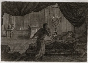 Bibeln från Royaumont, Gamla testamentet: Samuel ger Heli. Anne (Hanna) helgade den lille Samuel till Herren och gav den till översteprästen Heli. Samuel, som hör Herrens röst ropa på honom mitt i natten, tror att detta är hans mentor, c.
