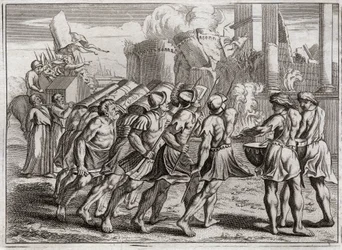 Bibeln från Royaumont, Gamla testamentet: Tagen från Jeriko. Jerikos murar faller till marken till ljudet av basunerna från de präster som föregick Herrens förbundsark. Illustration från 1811.