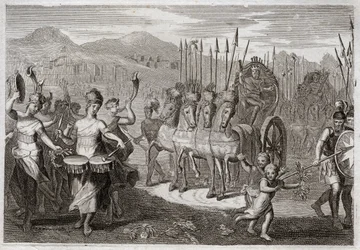 Bibeln från Royaumont, Gamla testamentet: Davids triumf. Efter att David besegrat jätten Goliat gick Israels kvinnor före honom för att hedra hans triumf, med jubel av glädje och ljudet av instrument. Illustration från 1811.