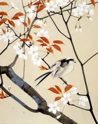 Fågel- och körsbärsträd i blom - japansk teckning av Riou Chim, sent 1800-tal