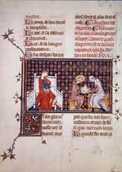 Blanche de Castille, Frankrikes drottning (1188-1252), leder utbildningen av sin son Ludvig IX (1214-1270) (Saint Louis Miniature från ett manuskript "Life and Miracles of Saint Louis" av William of Saint Pathus. 1320. Paris , B.N.