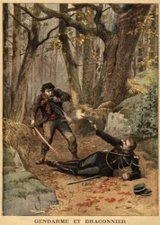 Blodig kamp mellan en tjuvjägare och en polis i närheten av Bezier. Gravyr i "" Le petit journal"" 1895-03-10. Selvas samling.