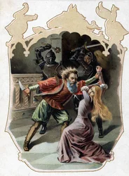 Blåskägg. Saga av Charles Perrault. 1697. Kromolitografi från slutet av 1800-talet. Klistermärke „Till billigt pris“. „Blåskägg försöker mörda sin hustru, som försökte gå in i kammaren där de hustrur han mördat finns, för att straffa henne för hennes