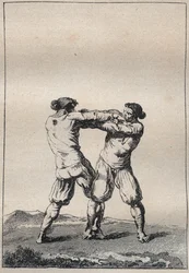 Bretonbrottare gravyr i "" Voyage in Finistere eller State of this Department 1794 och 1795"" av Jacques Cambry (1749-1807)