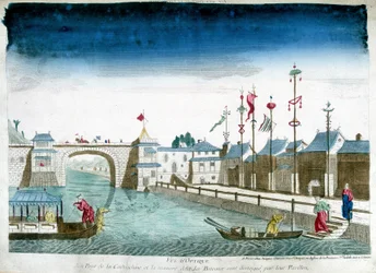 Bridge of Cochinchine och båtar är framstående lämnar paviljongerna. Gravyr från slutet av 1700-talet