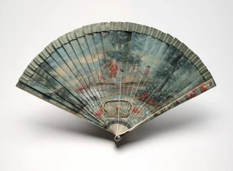 Brisé-fan med en scen av två par i ett landskap, ca 1700-25
