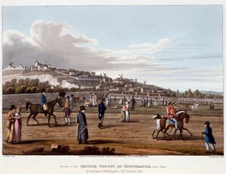 Brittiska trupper vid Montmartre - i "" Historiska, militära och marina anekdoter och incidenter som anlände till Storbritanniens och deras allierades vapen och slutade i Waterloo"", av Ed. Orme, sjuk. av Fry, Sutherland Clark, Dubourg, Heath, Atkinson, re