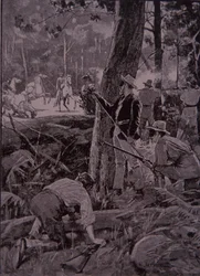 Bushrangers, australiska fredlösa, rånar en guldeskort (gravyr)