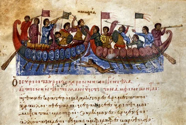 bysantinskt sjöslag. En anfallssimmare attackerar fiendens skepp. Manuskript från 1000-talet. Venedig, bibl. Marciana.