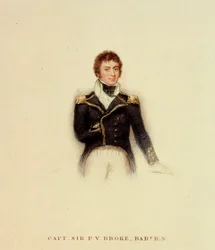 Kapten P.V. Broke, Royal Navy, början av 1800-talet (kolorerad gravyr)