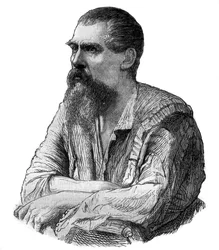 Kapten Richard Burton, brittisk upptäcktsresande, författare, soldat och diplomat - Porträtt av den brittiske upptäcktsresanden, författaren och lingvisten Sir Richard Francis Burton (1821-1890) - Gravyr i "" Pittoresk historia om stora resor under det nit