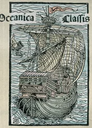 Caravelle "La Pinta" från Christopher Columbus expedition (färggravyr)