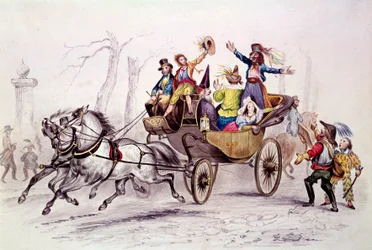 Karneval. Fetards förklädnader på en vagn. Gravyr från 1846. paris, karnevalsmuseum