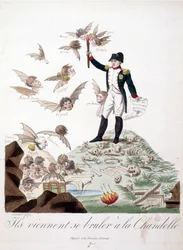 Tecknad film om Napoleon I avbildad på en kulle täckt med skelett och med ett ljus som bränner vingarna på karaktärer (Merlin de douai, Regnault...) representerade i fladdermus. - i Napoleon I, karikatyrer, dummysamling. 1814 - 1815. B.H.V.P.
