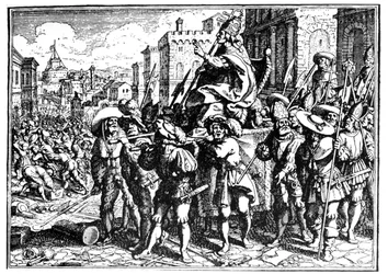 Tecknad film om påven Innocentius I under invasionen och plundringen av Rom av Alarik I, visigoternas kung, 410 (Sac of Rome). Gravyr - i "" The Chronicle of Goffredo"".