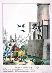Tecknad film mot Napoleon I med personifiering av ambition och död, ca. 1815