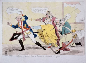 Catherine-II ger lov till François och Brunswick the Foireux, karikatyr, sent 1700-tal