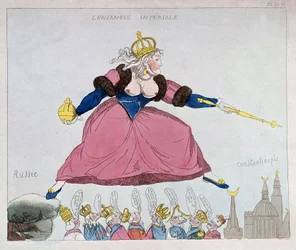 Catherine-II hoppar från Ryssland till Konstantinopel över europeiska suveräner, karikatyr, sent 1700-tal