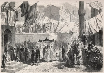 Katolsk procession på gatorna i Konstantinopel med anledning av Fete Dieu (Fete-Dieu) - Gravyr i "" Den illustrerade världen""