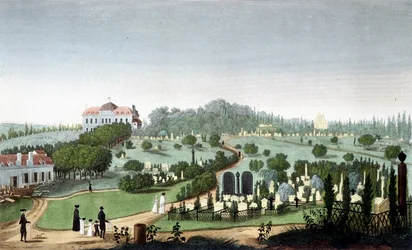 Cemetery of Père Lachaise, cirka 1820 - i ""Views of Paris"" av Courvoisier