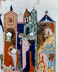 Ceremoni att ta för vana av en miniatyrmunk från "Decret de Gratien"" ("Concordia discordantium canonum" eller "Decretum Gratiani") från 1140 och reglera den romersk-katolska kyrkans lagar och kanoner. 1300-talets Cesena Biblioteca malatesti