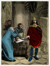 Karl den Store dikterar sina kapitularer till sin minister Alcuin (732-804), gravyr från 1800-talet