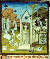 Karl den Store besöker byggplatsen för en katedral - Belysning av manuskript på velin från medeltiden "Great Chronicles of Saint-Denis" sent 1300-tal (ref. 512, 096r) Begäran om tillstånd till kommunalbiblioteket i Toulouse (tel: 05 62