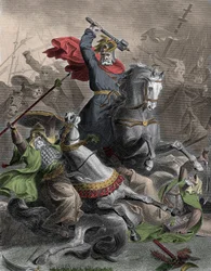 Karl Martell (690-741) leder frankerna i slaget mot den arabiska invasionen vid Tours, Frankrike, 732 (slaget vid Poitiers) - färglagd gravyr, 1800-talet - Karl Martell leder frankerna mot arabiska inkräktare vid Tours, Frankrike, 732 e.Kr.
