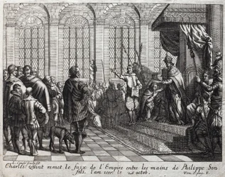 Karl V (1500-1558) överlämnade imperiets faix till Filip II (Felipe) (1527-1598), hans son, den 25 oktober
