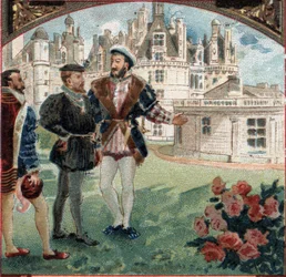 Karl V mottogs av Francois I på Chateau de Chambord. Kromolitografi från slutet av 1800-talet