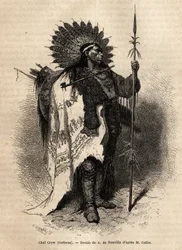 Chief Yellow Moccassin, av indianstammen Crow, som bor längs Lewisfloden. Gravyr för att illustrera en utflykt bland indianstammarna i Colombia och Upper Missouri, av G. Catlin, 1855, publicerad i "" le tour du monde", under