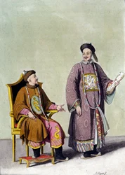 Kinesisk tartarkejsare med sin mandarin – i” Le costume ancien et moderne”” av J. Ferrario, red. Milano
