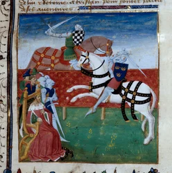 Ridderlig turnering mellan Tristan och Palamede. Miniatyr hämtad från manuskriptet "The novel of Tristan"" med titeln Master Charles of Maine
