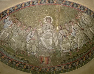Kristus Lagstiftaren, tronande med apostlarna, San Lorenzo Maggiore, Milano (mosaik)