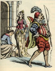 Askungen befriar mössen som förvandlas till hästar och en råtta som förvandlas till kusk. Illustration till Charles Perraults saga ”Askungen eller Den lilla glasskon”