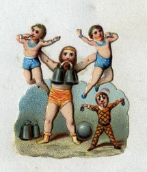 Cirkus: en alterofil lyfter två män på armlängds avstånd medan han håller en vikt mellan tänderna för att visa vad hans muskler kan göra. Kromolitografi omkring 1890.