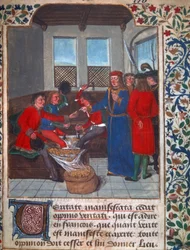 Myntprägling under medeltiden. Miniatyr från ett utkast av Nicolas Oresme (1320-1382). 1400-talet f.Kr. Paris