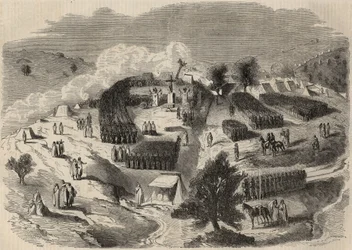 Conquete de Algerie: expedition till Stora Kabylien 1857, som lägger den första stenen till Fort Napoleon i Souk-el-Arba (Souk el Arba). Gravyr i ”Le Monde illustrious”” från 1857. Privat samling.